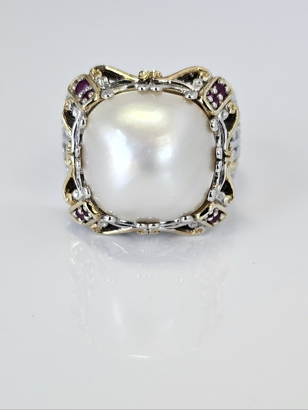 Genuine Designer Mabe Pearl & Ruby Ring Palladium Sterling Silver 18k Size 7!